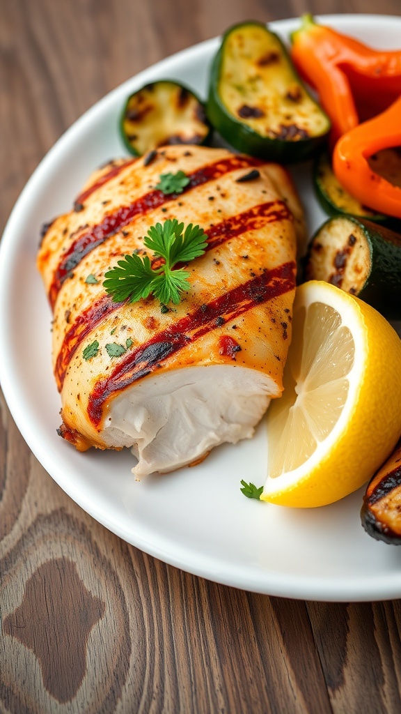 Juicy grilled chicken breast with vegetables and lemon on a rustic table.